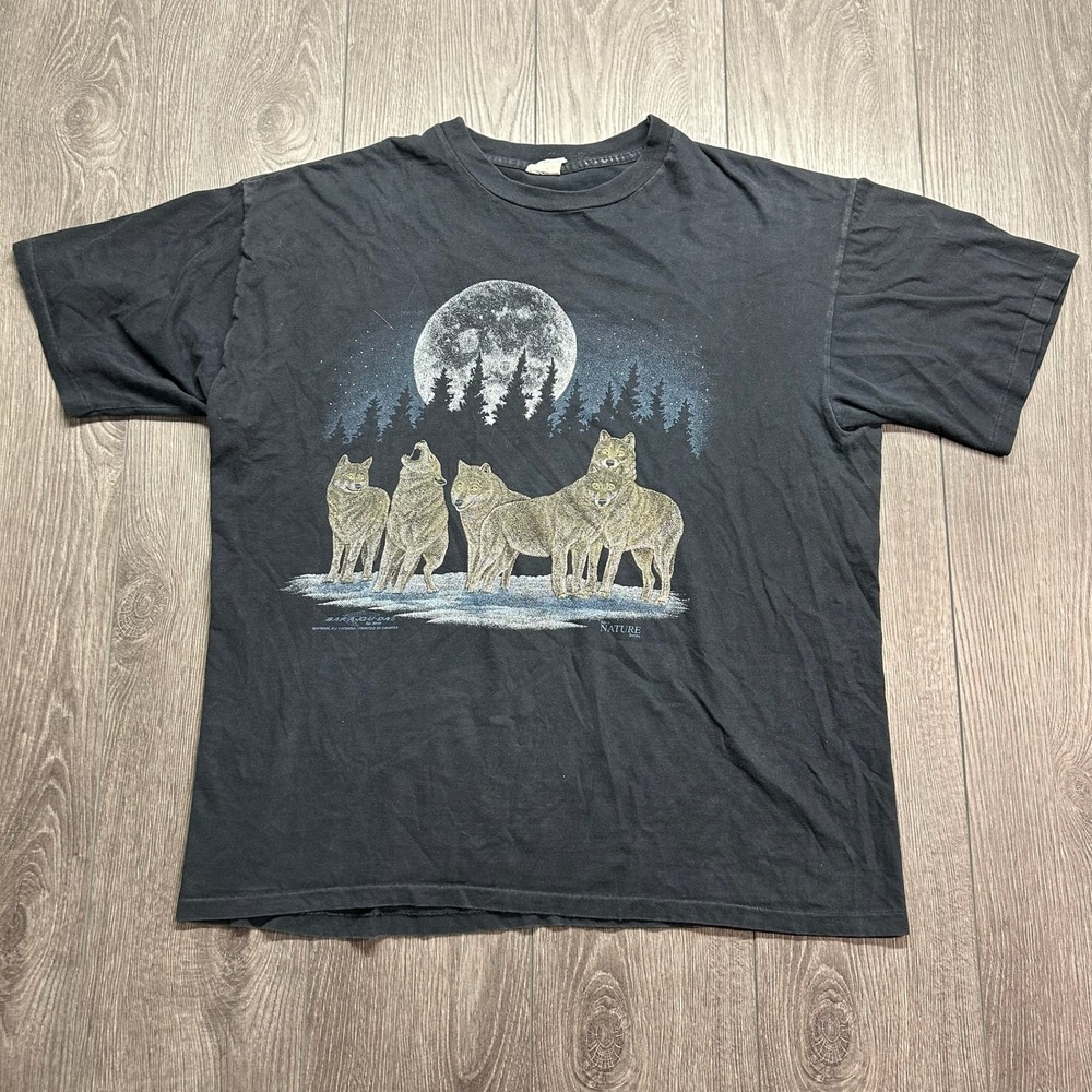 Vintage Bar-A-Cou-Da Wolf Moon Graphic T-Shirt Mens XL Black 90s Nature Series